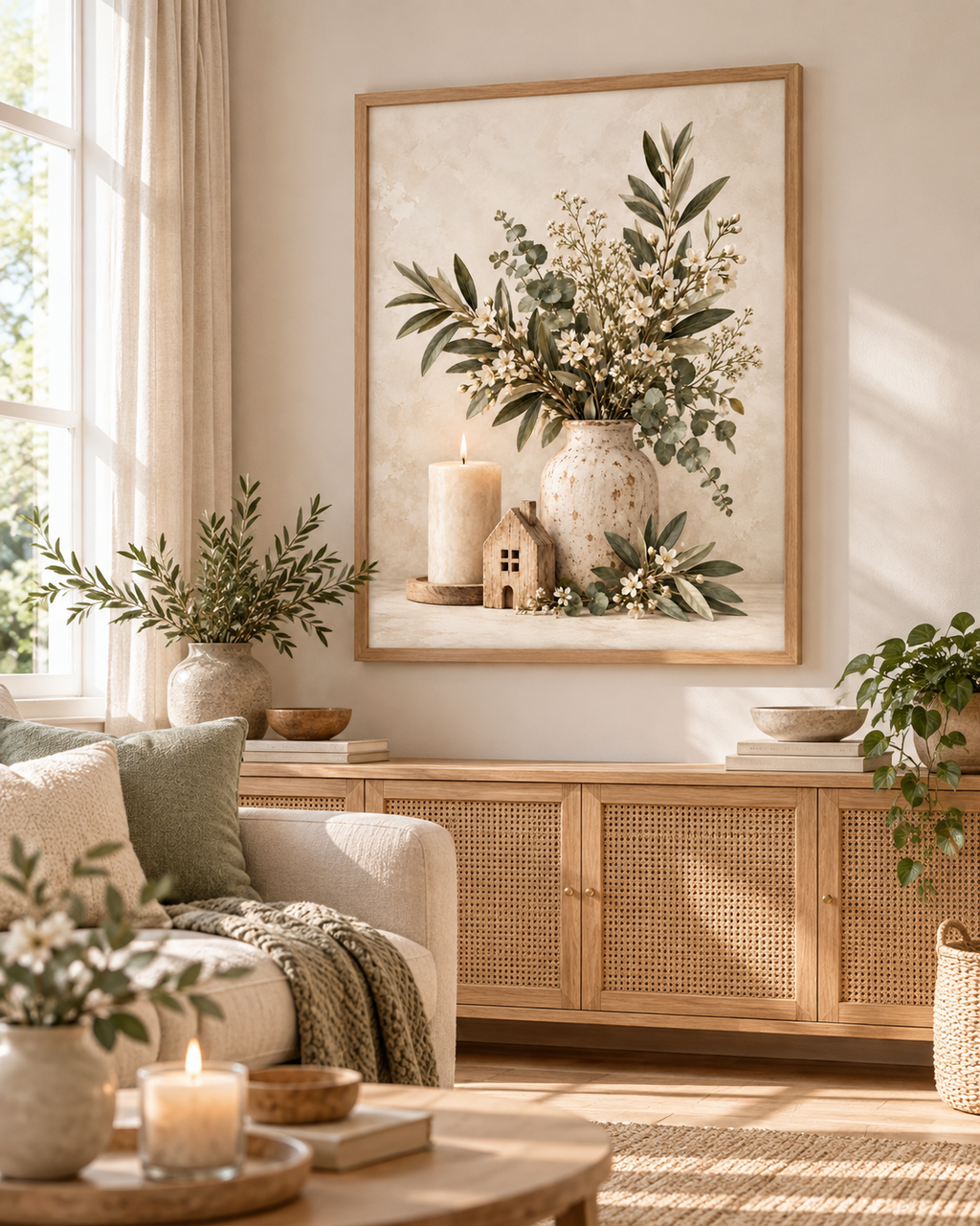 Neutral botanical artwork with white flowers, foliage, a cream vase, candle and wooden house styled in a living room