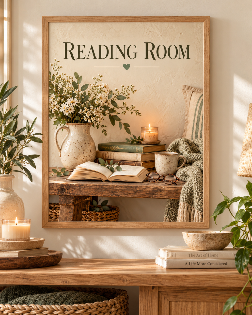 Reading Room still life with books, reading glasses, coffee, candle and flowers in a cream jug; print only, frame not included