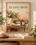 Reading Room still life with books, reading glasses, coffee, candle and flowers in a cream jug; print only, frame not included