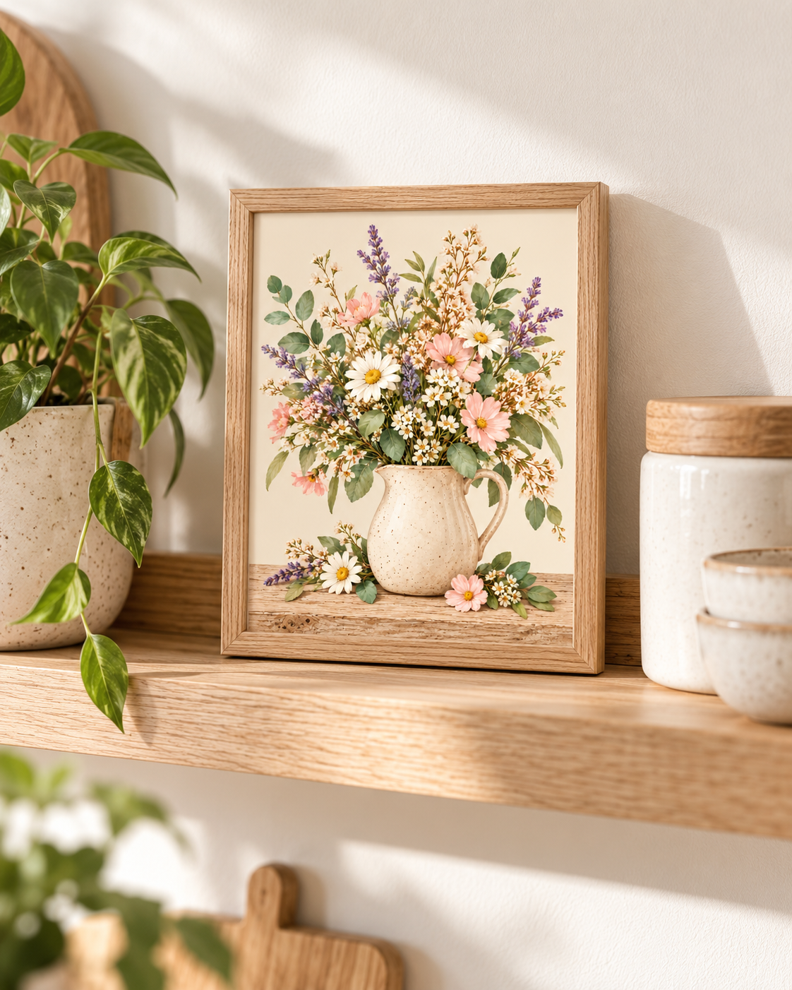 Pink wildflowers and white daisies with lavender stems and green foliage in a cream ceramic jug on a rustic tabletop styled in a shelf