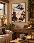 Magical snowy owl, moonlit castle, books, wizard hat and glowing lantern with an inspirational light and happiness quote styled in a living room