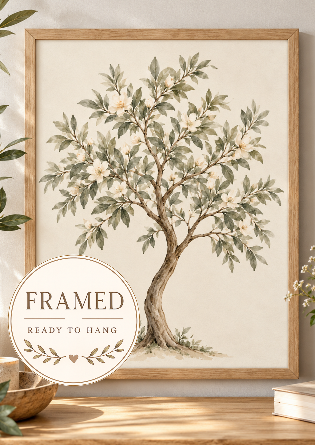 Watercolour botanical tree with sage green leaves, ivory white blossoms and a curved natural trunk on warm ivory; framed and ready to hang badge