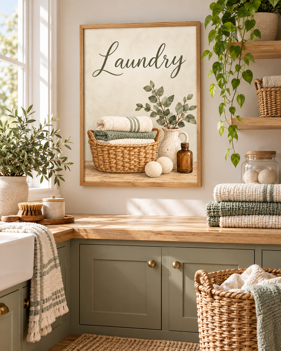 Laundry artwork with olive-green script, woven basket of folded towels, leafy ceramic jug, wool dryer balls and amber bottle styled in a folding area