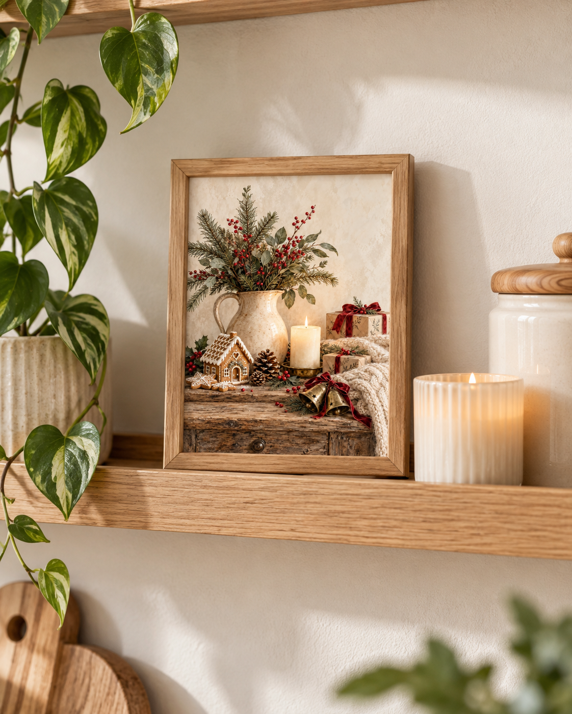 Rustic Christmas artwork with a gingerbread house, winter greenery, candle and wrapped gifts on a wooden shelf