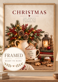 Cosy Christmas hot chocolate still life with evergreen foliage, red berries, candle and lantern; framed and ready to hang badge