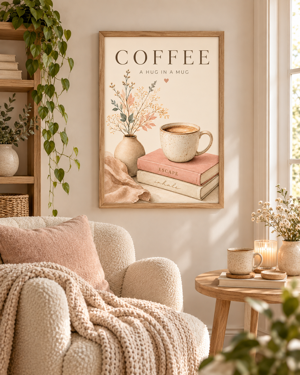 Framed coffee botanical artwork above a cosy neutral armchair