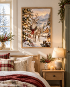 Christmas reindeer in a snowy woodland with festive lights, red ribbon, lantern and cosy mountain cottage styled in a bedroom