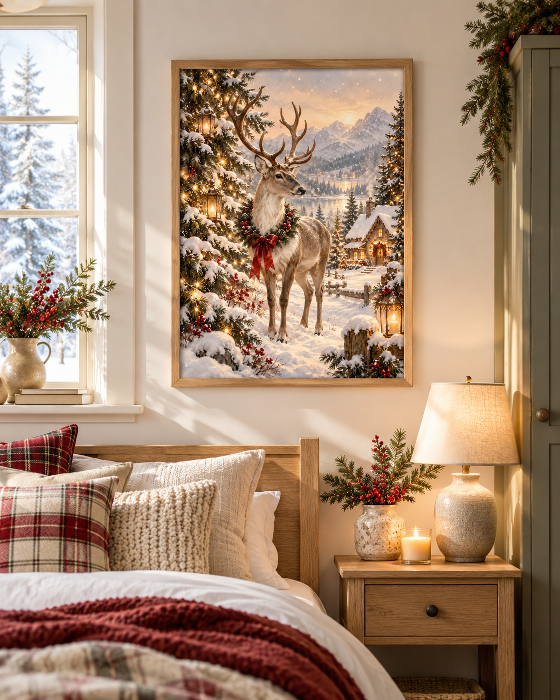 Christmas reindeer in a snowy woodland with festive lights, red ribbon, lantern and cosy mountain cottage styled in a bedroom