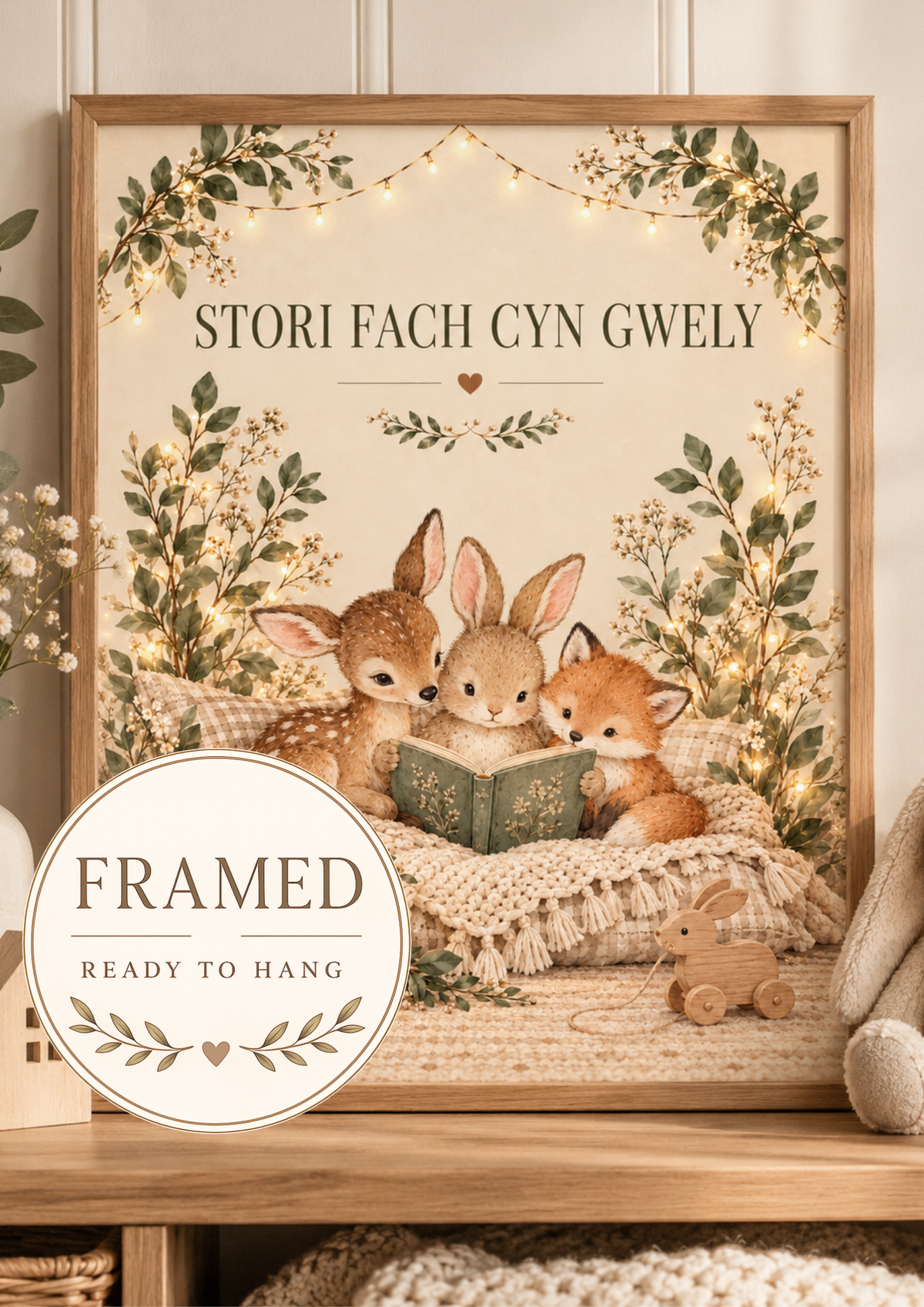 Stori Fach Cyn Gwely Welsh bedtime story with fawn, rabbit and fox reading a book among soft woodland foliage; framed and ready to hang badge