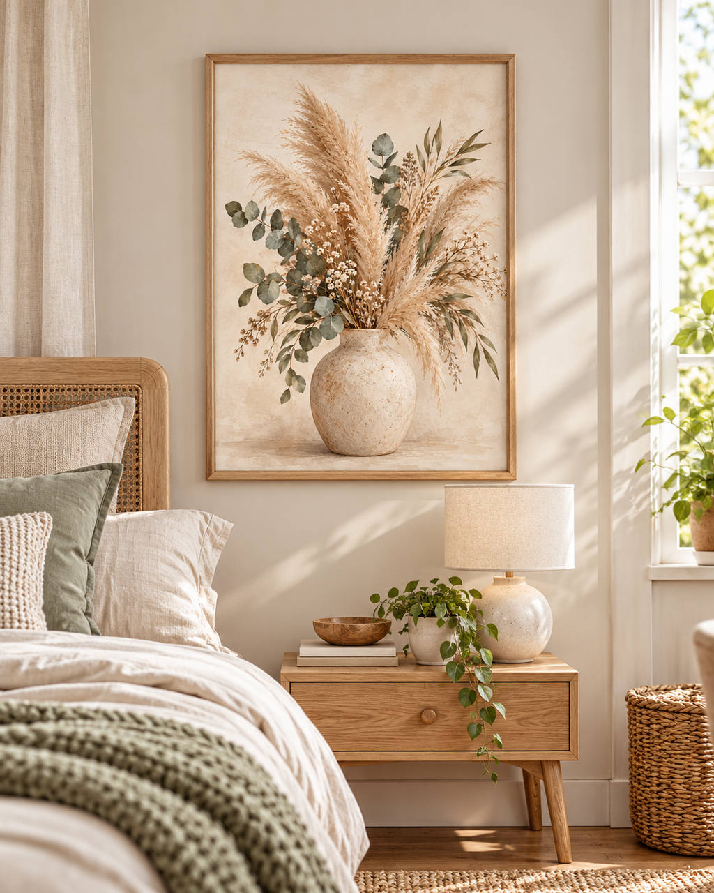 Neutral pampas grass, eucalyptus and tiny white flowers arranged in a rustic ceramic vase styled in a bedroom