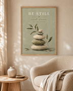 Be Still and Know You Are Enough quote with sage-green balancing stones and delicate olive branches styled in a living room