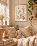 Woodland nursery fawn, fox and rabbit with moon, stars and sage foliage styled in a nursery