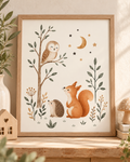 Woodland nursery owl, squirrel and hedgehog beneath a crescent moon and stars; print only, frame not included