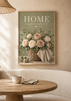 Home is my favourite place to be artwork with blush and ivory roses in a woven basket styled in a dining corner