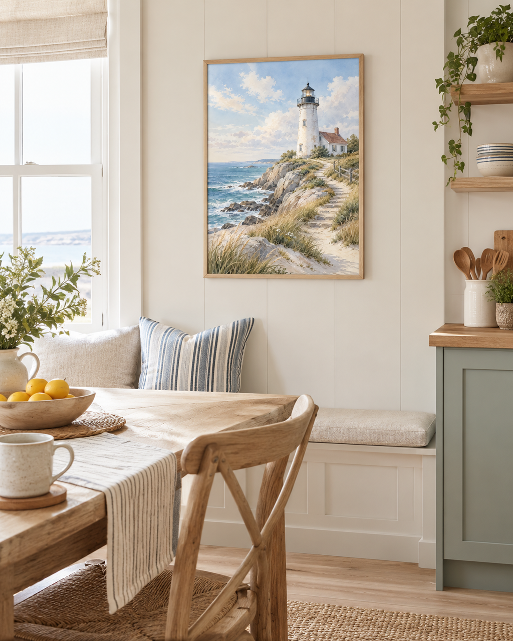 Painterly coastal landscape with white lighthouse and cottage, blue ocean waves, rocky shore, sandy path, wooden fence and coastal grasses styled in a breakfast nook