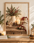 Rustic Christmas artwork with a gingerbread house, winter greenery, candle and wrapped gifts; print only, frame not included