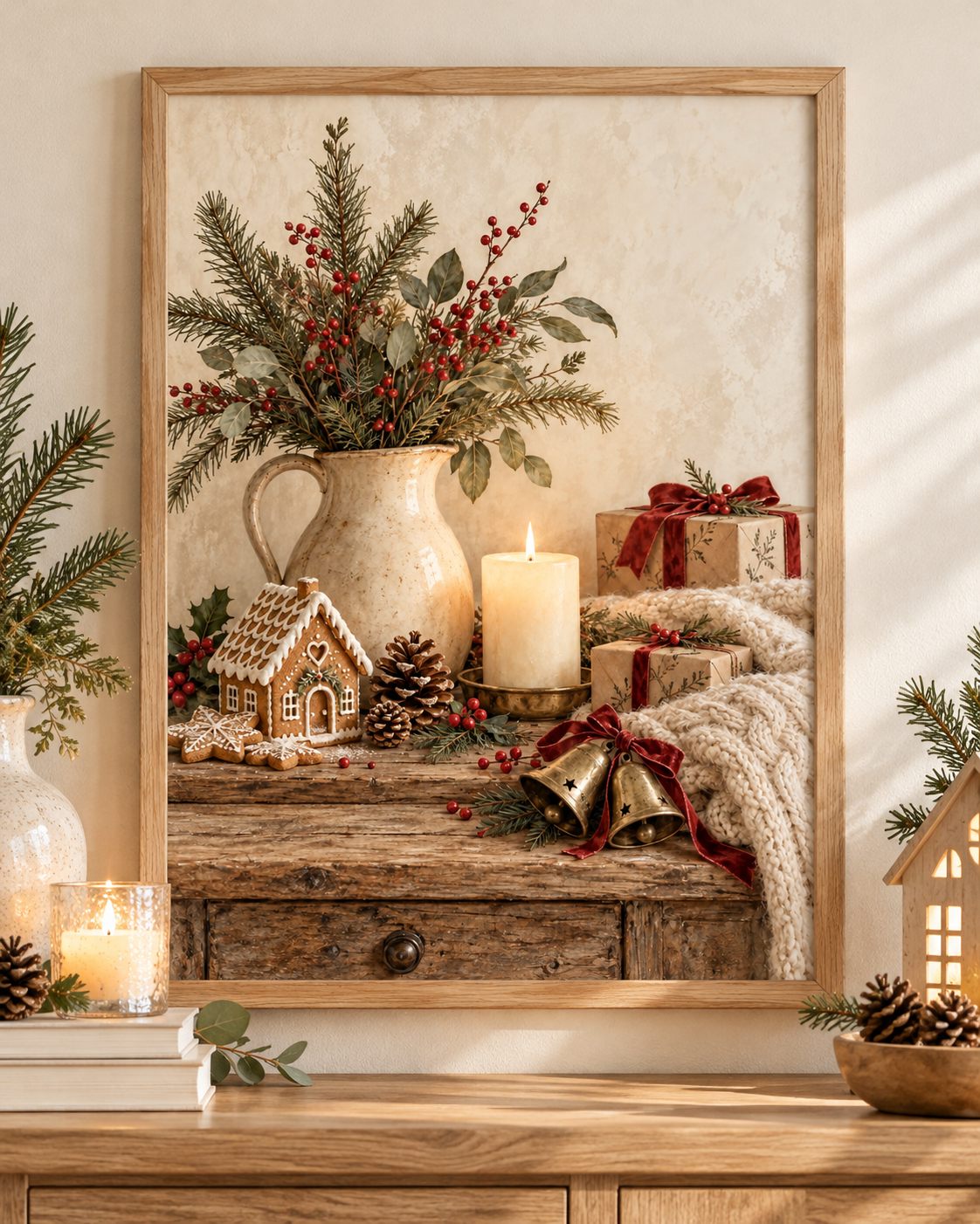 Rustic Christmas artwork with a gingerbread house, winter greenery, candle and wrapped gifts; print only, frame not included