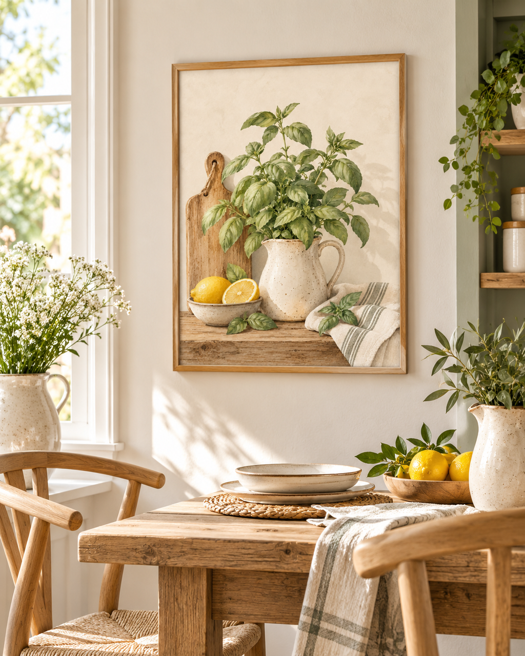 Watercolour basil plant in a speckled ceramic jug with lemons, wooden chopping board and striped kitchen cloth styled in a dining area