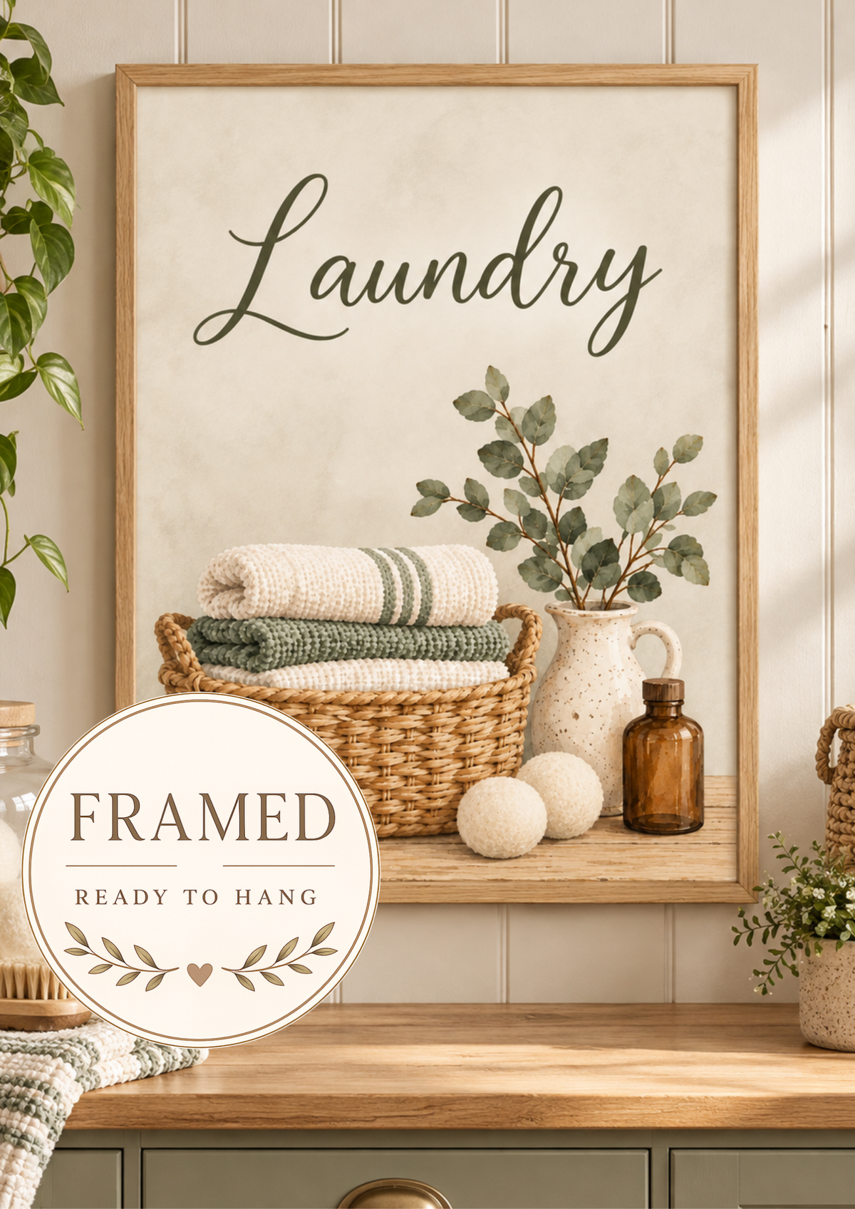 Laundry artwork with olive-green script, woven basket of folded towels, leafy ceramic jug, wool dryer balls and amber bottle; framed and ready to hang badge