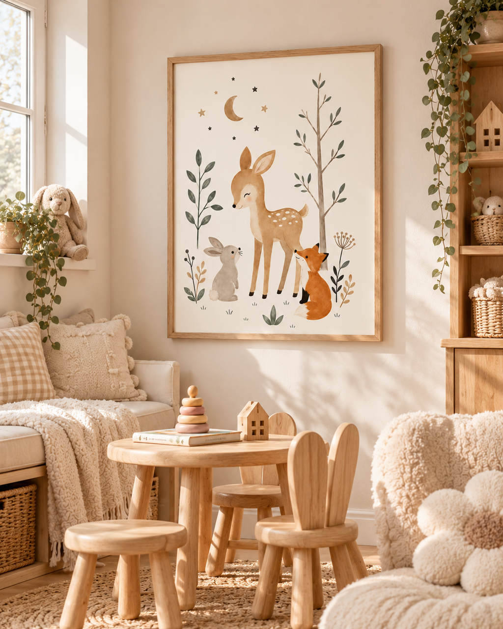 Woodland nursery fawn, fox and rabbit with moon, stars and sage foliage styled in a playroom
