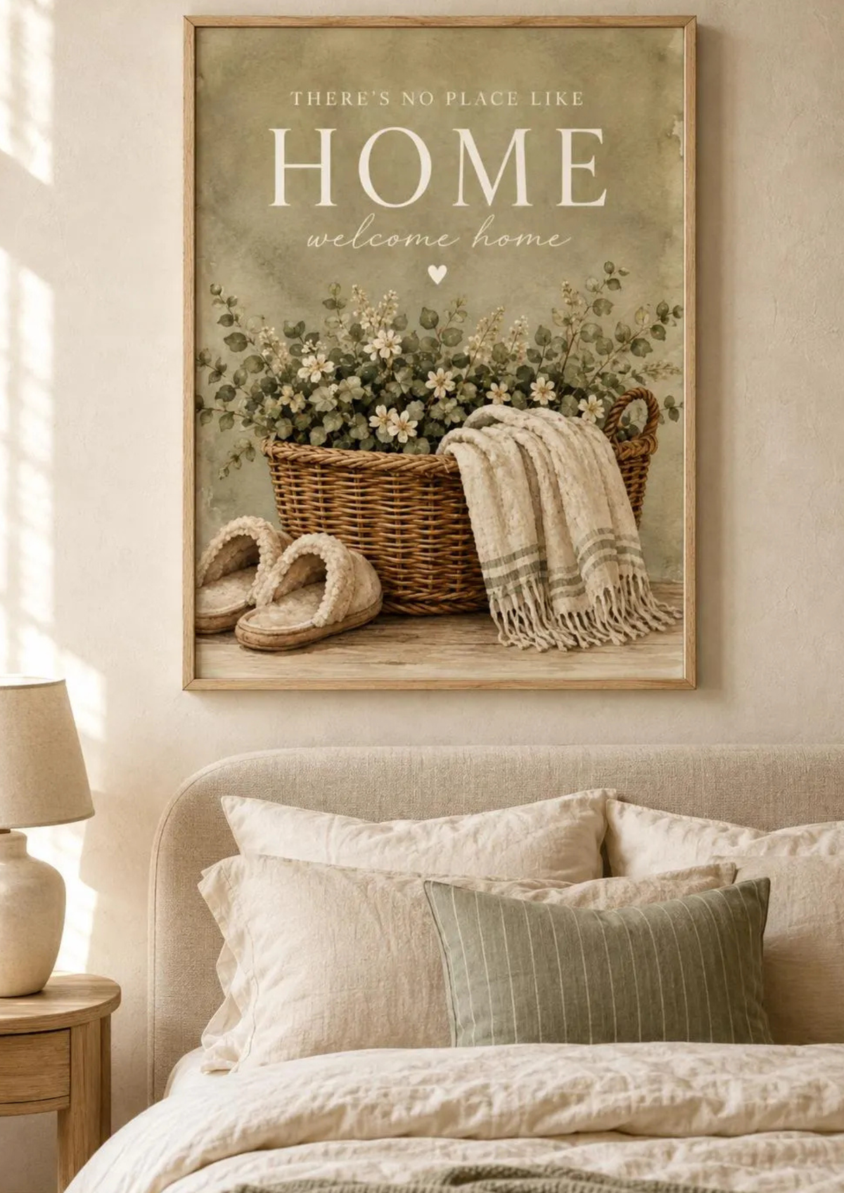 There's No Place Like Home and welcome home artwork with ivory flowers, foliage, wicker basket, cream throw and slippers styled in a bedroom