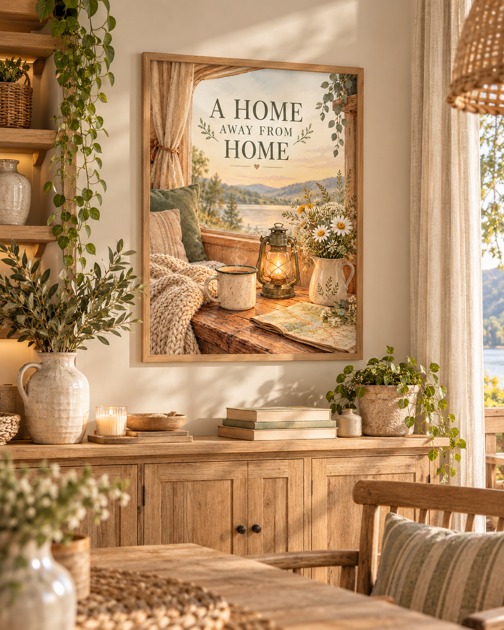 A Home Away From Home quote with lakeside view, lantern, mug, map, wildflowers and cosy blanket styled in a dining area