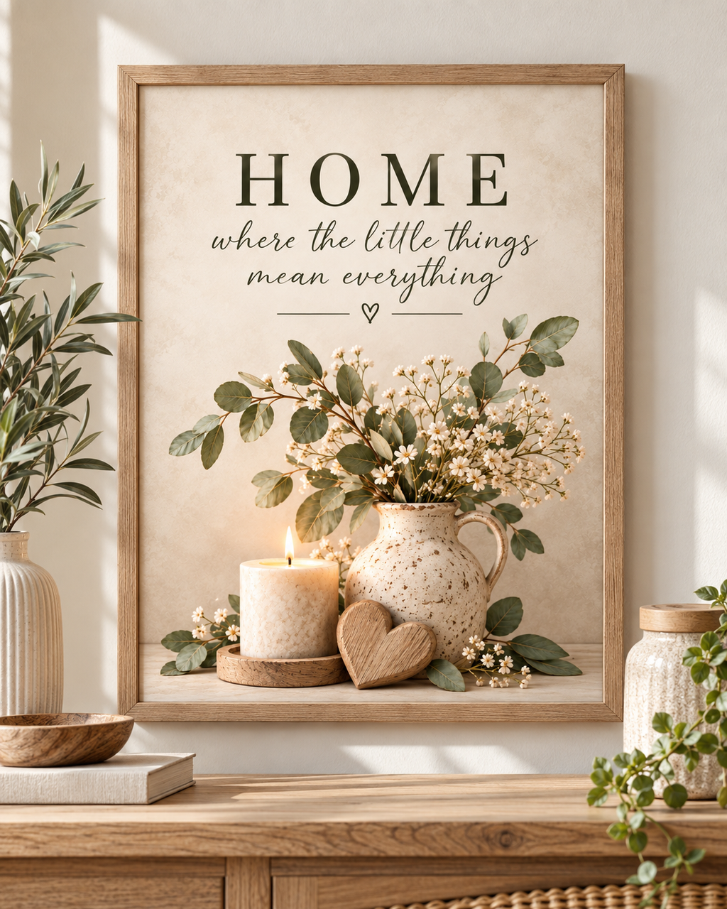 Front image of Home quote artwork with white flowers, candle and wooden heart; print only, frame not included