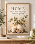 Front image of Home quote artwork with white flowers, candle and wooden heart; print only, frame not included
