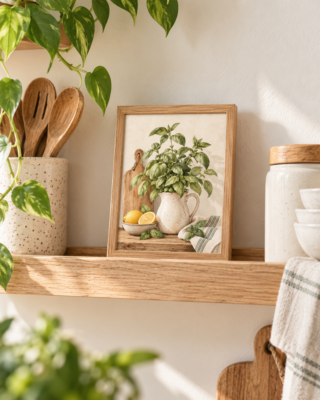 Watercolour basil plant in a speckled ceramic jug with lemons, wooden chopping board and striped kitchen cloth styled in a shelf display