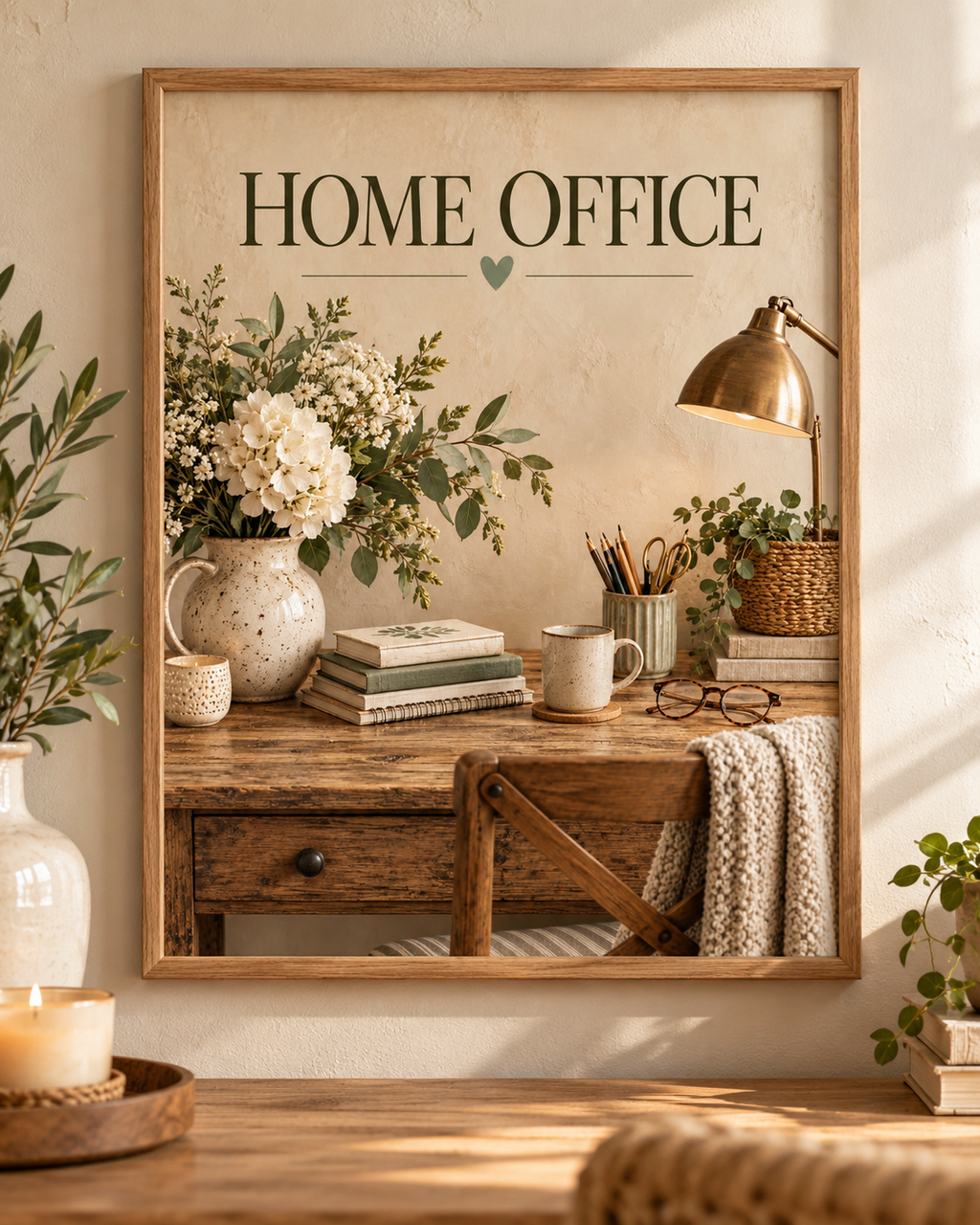 Home Office typography with a wooden desk, books, stationery, coffee mug, desk lamp and white florals; print only, frame not included