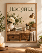 Home Office typography with a wooden desk, books, stationery, coffee mug, desk lamp and white florals; print only, frame not included