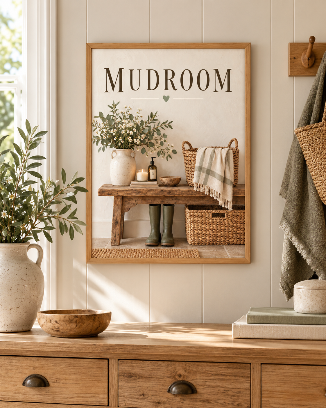 Mudroom artwork with green wellies, country flowers, baskets and rustic bench in a styled home display