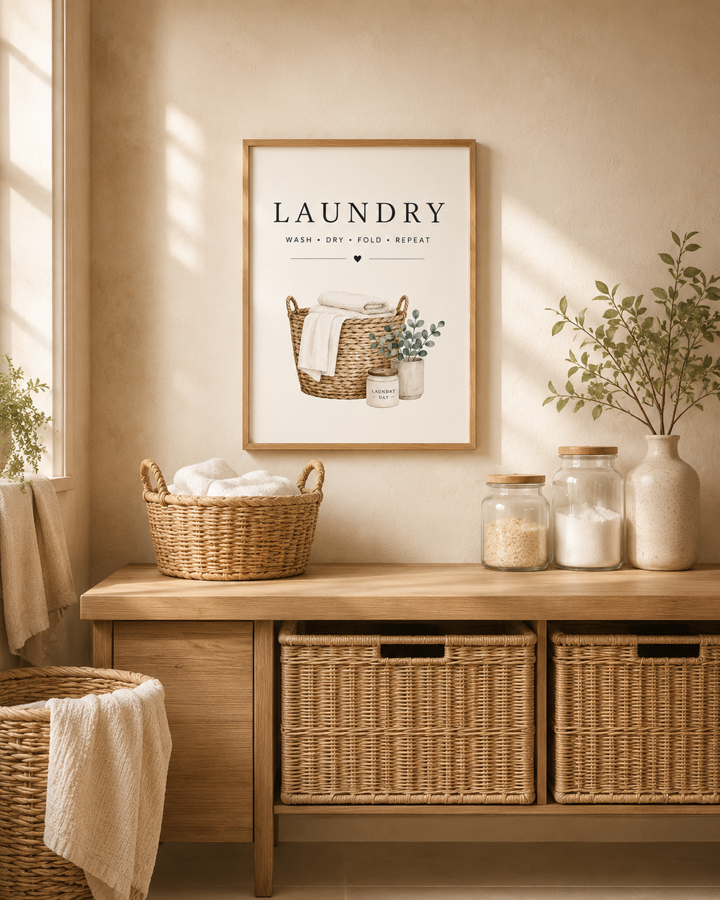 Laundry basket with folded linens, foliage and wash dry fold repeat lettering styled in a utility room sideboard