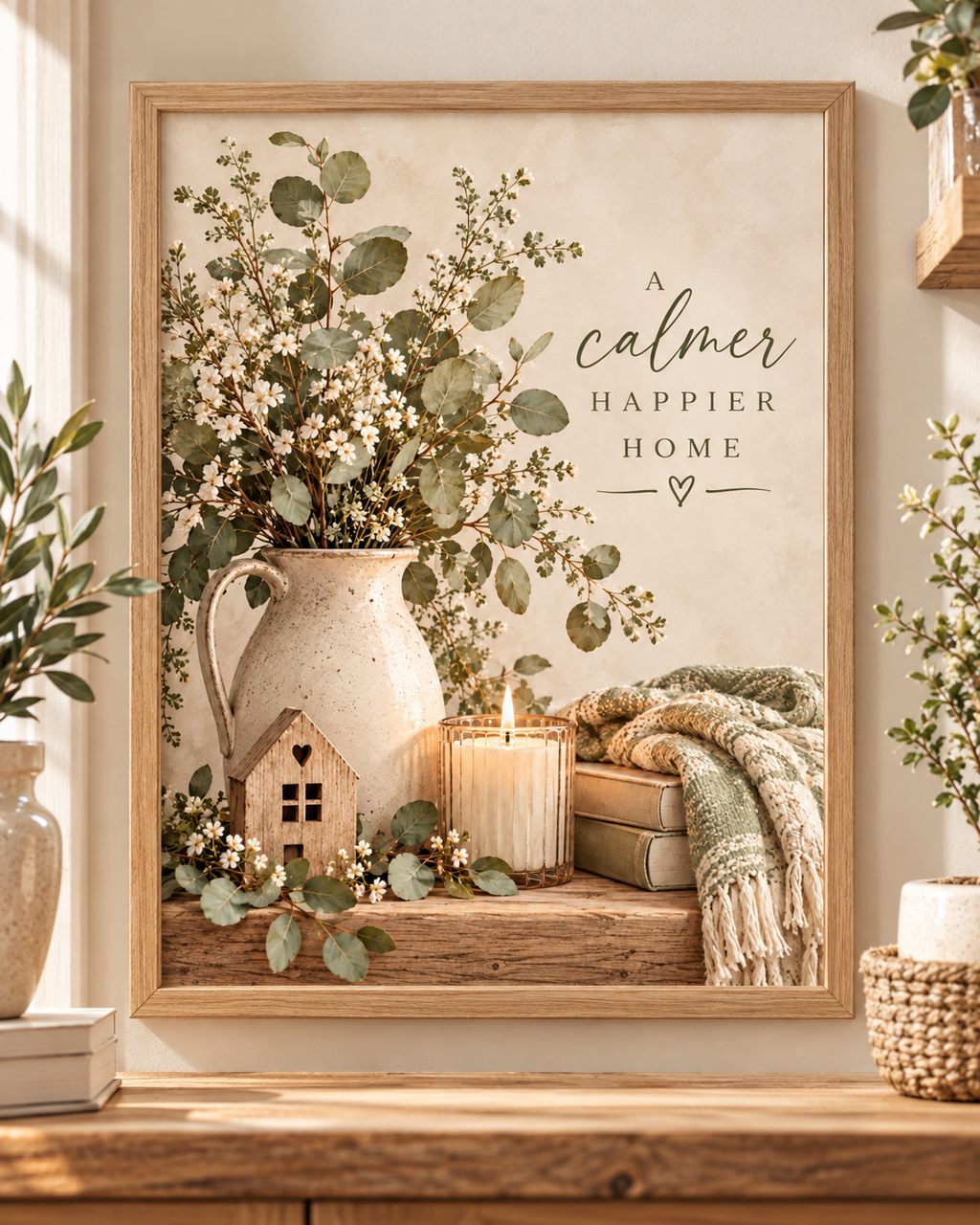 A calmer happier home botanical artwork with eucalyptus, white wildflowers, rustic jug, candle, wooden house and knitted blanket; print only, frame not included