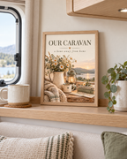 Our Caravan a home away from home quote with daisies, lantern, mug, knitted blanket and lakeside sunset styled in a caravan sleeping area