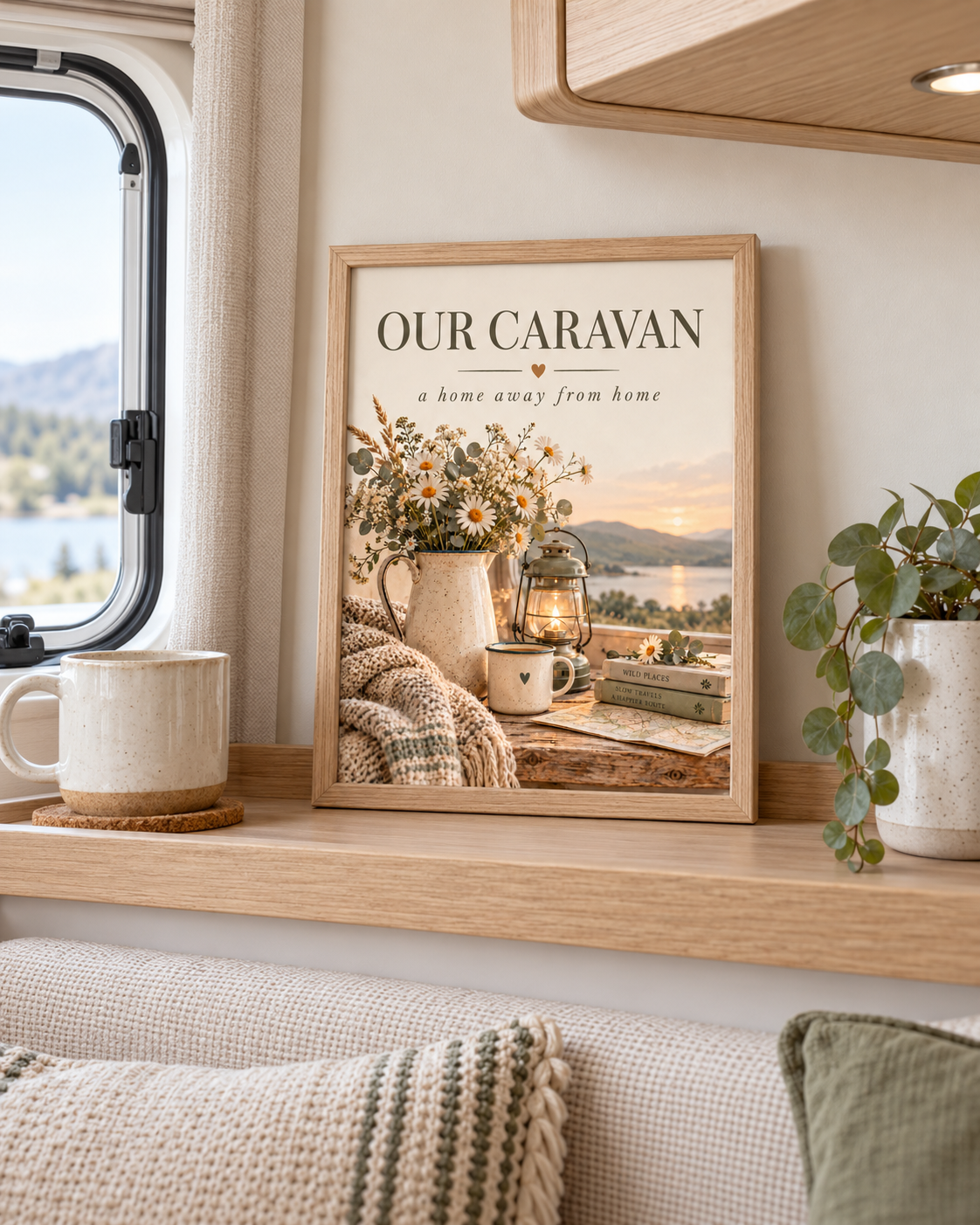 Our Caravan a home away from home quote with daisies, lantern, mug, knitted blanket and lakeside sunset styled in a caravan sleeping area