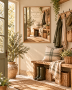 Boot Room quote, Muddy boots happier days, with wellies, rustic bench, woven baskets and country entryway details styled in a boot room