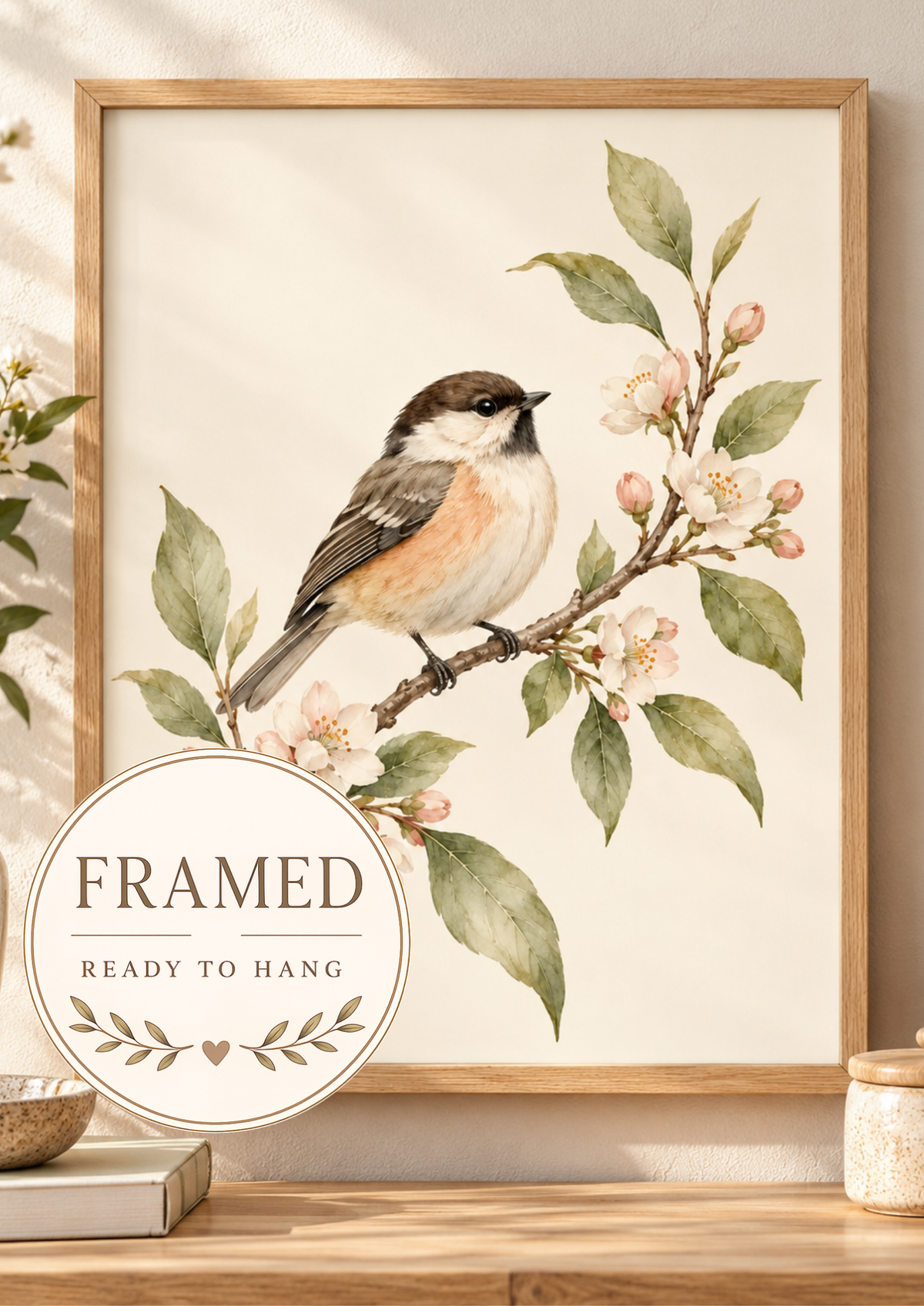 Watercolour songbird perched on a branch with pink blossom and sage green leaves against a warm ivory background; framed and ready to hang badge