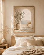Mediterranean olive tree and stone archway overlooking a calm sea styled in a bedroom