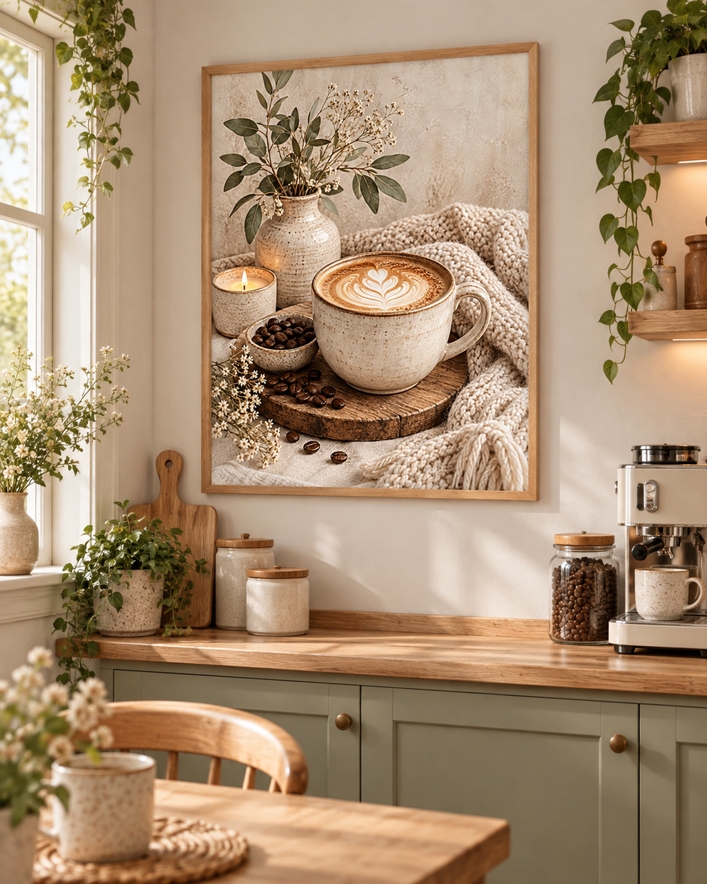 Cosy cappuccino with latte art, ceramic vase, candle and neutral knitted textures styled in a kitchen