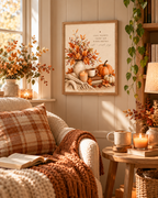 Autumn cosy nights quote with pumpkins, falling leaves, rustic vase, warm drink and knitted blanket styled in a reading corner