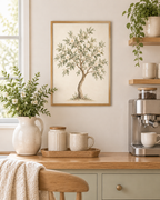 Watercolour botanical tree with sage green leaves, ivory white blossoms and a curved natural trunk on warm ivory styled in a coffee corner