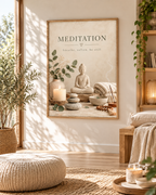 Buddha meditation artwork with eucalyptus, candle, stones and the words breathe, soften, be still beside a window seat