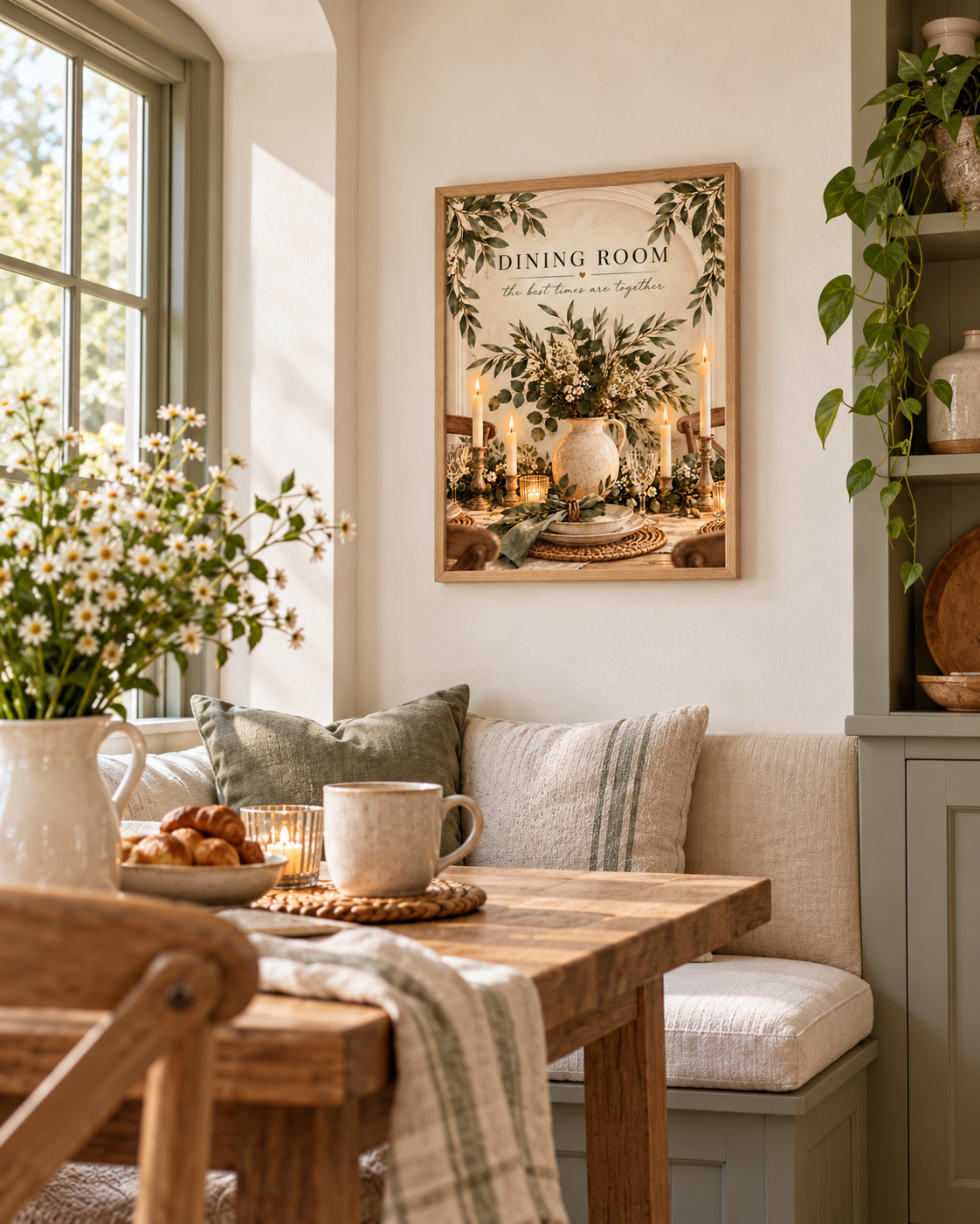 Dining Room the best times are together quote with sage greenery, white flowers, ceramic jug, candles and rustic table setting styled in a breakfast nook