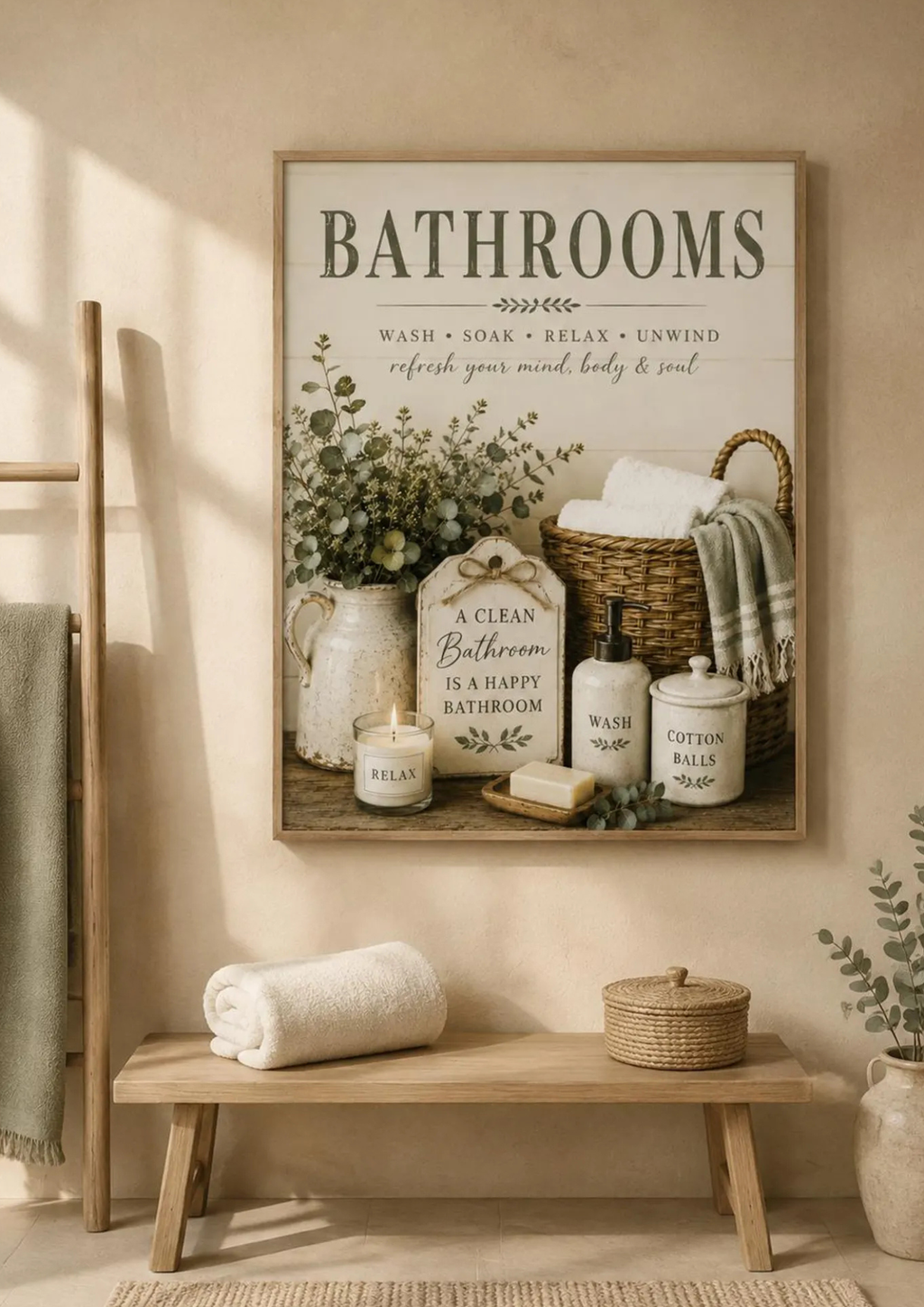 Farmhouse bathroom typography with wash soak relax unwind wording, sage foliage, towels, wicker basket and ceramic accessories styled in a spa bathroom