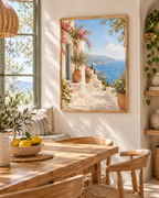 Mediterranean coastal scene with pink bougainvillea, whitewashed walls, terracotta pots and blue sea styled in a dining area