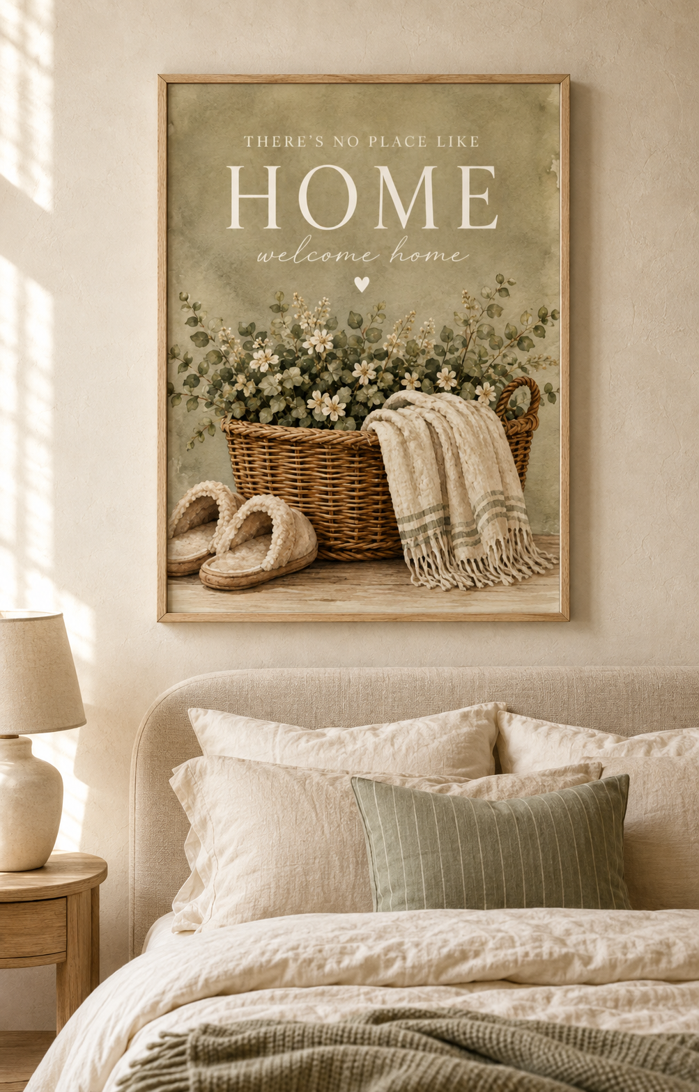 There's No Place Like Home and welcome home artwork with ivory flowers, foliage, wicker basket, cream throw and slippers styled in a bedroom