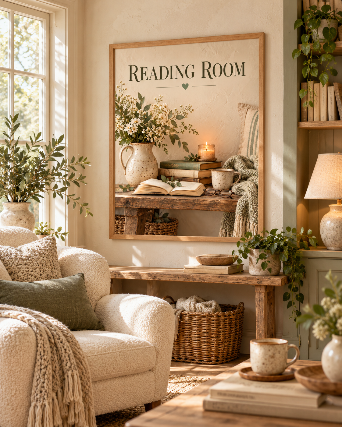 Reading Room still life with books, reading glasses, coffee, candle and flowers in a cream jug in a styled home display
