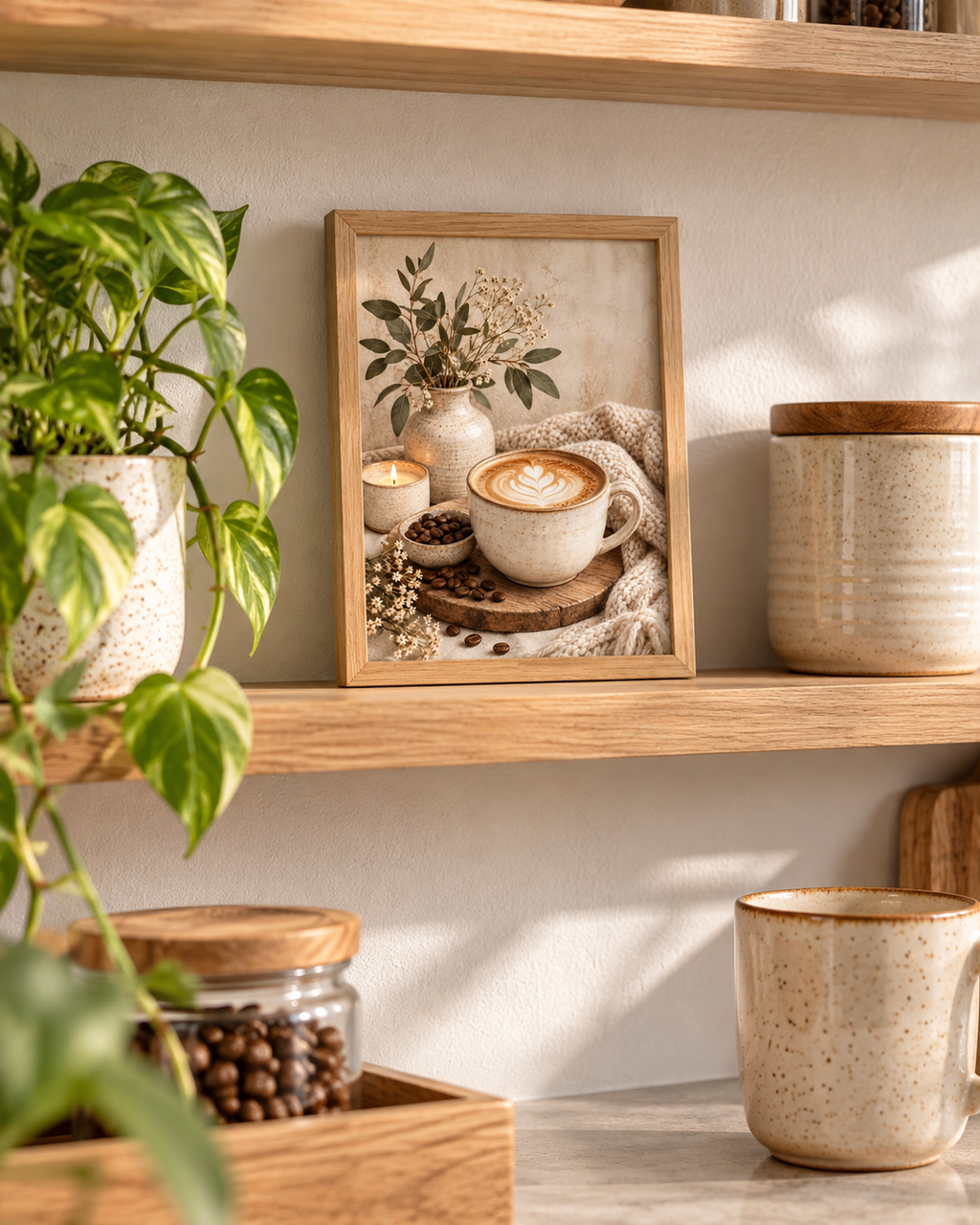 Cosy cappuccino with latte art, ceramic vase, candle and neutral knitted textures styled in a shelf display