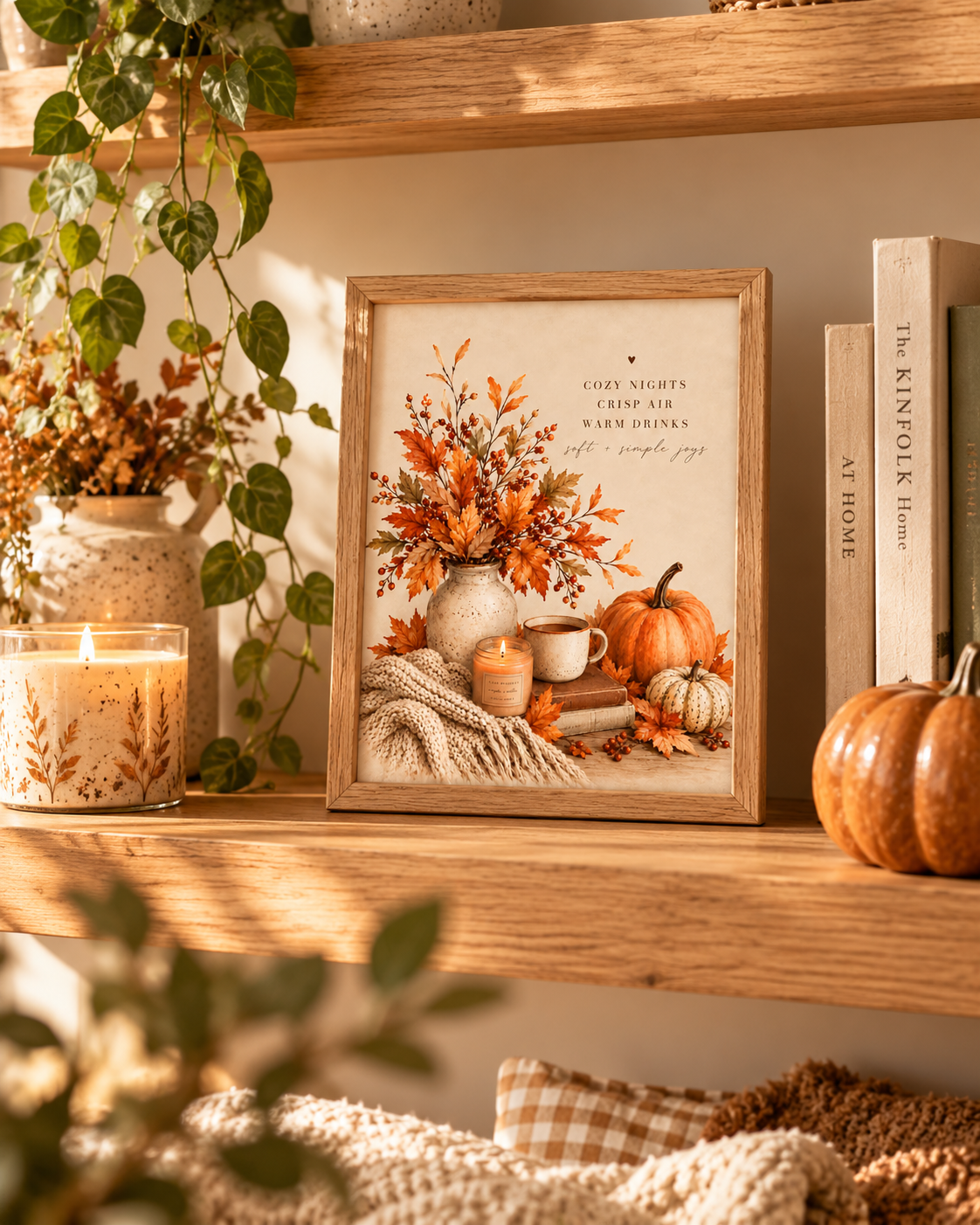 Autumn cosy nights quote with pumpkins, falling leaves, rustic vase, warm drink and knitted blanket styled in a shelf display